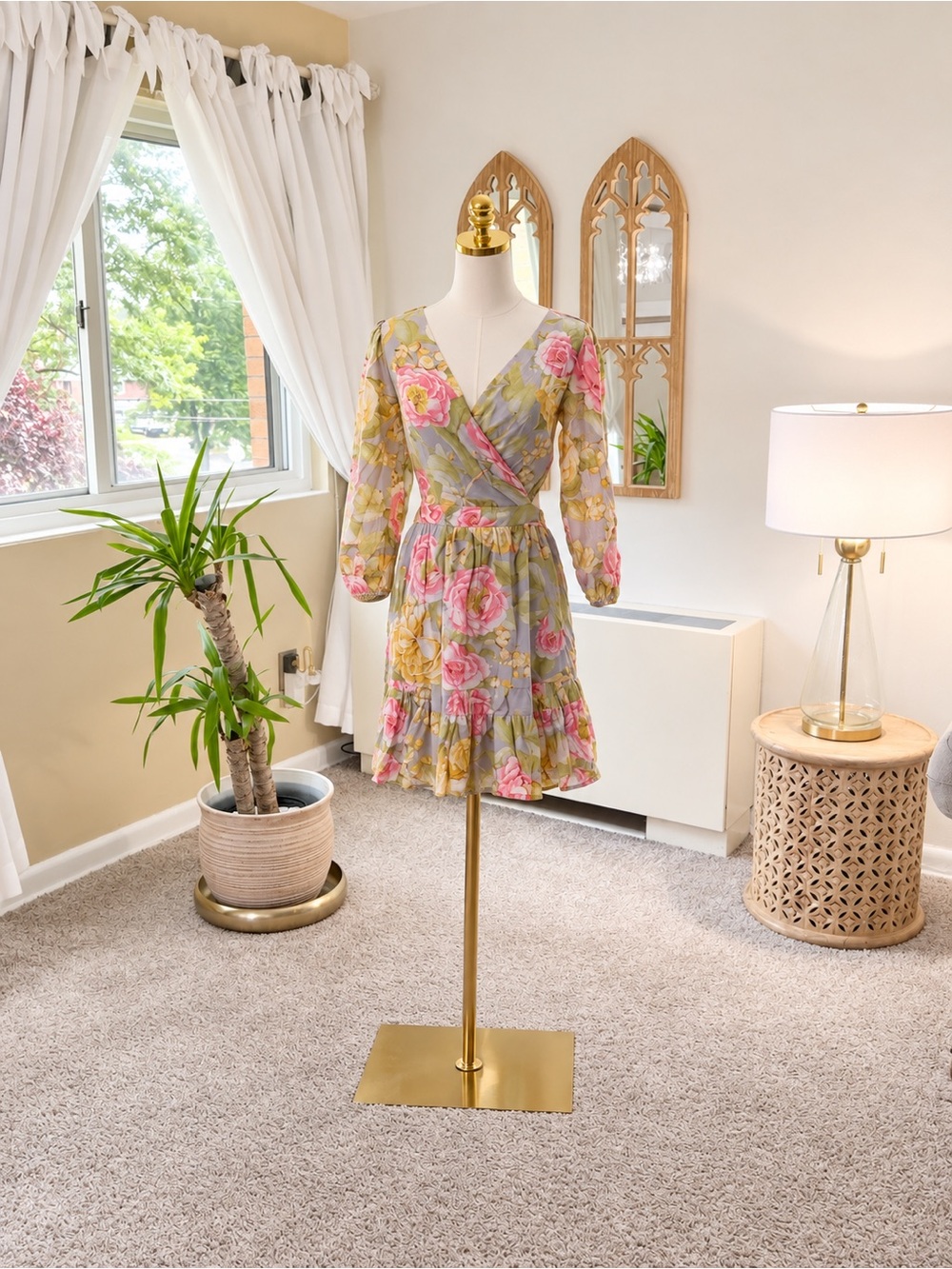 Express Floral Wrap Dress - Pink & Yellow on Gray
